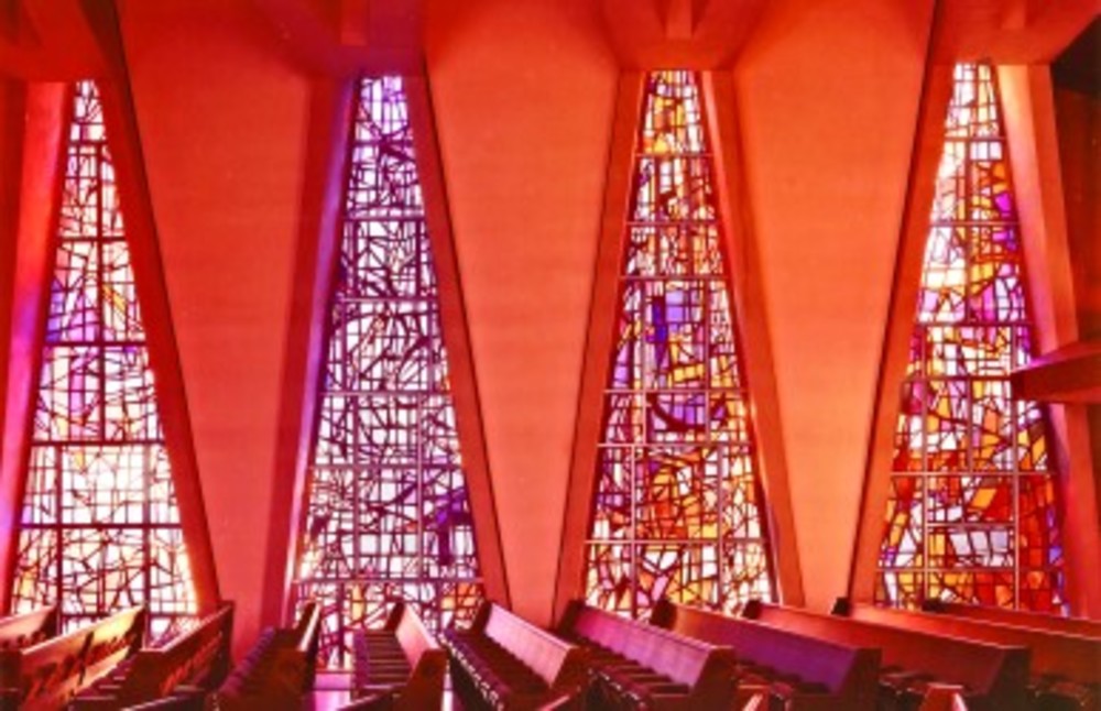 B’nai Israel’s stained-glass windows in the main sanctuary are one of the building’s  most striking features. /RIJHA